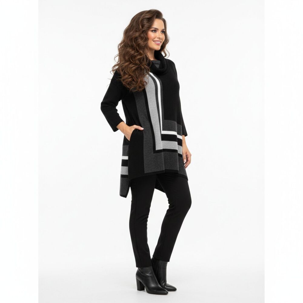 United States Sweater Co. Geometric Cowl Neck Tunic Black & Grey Size L